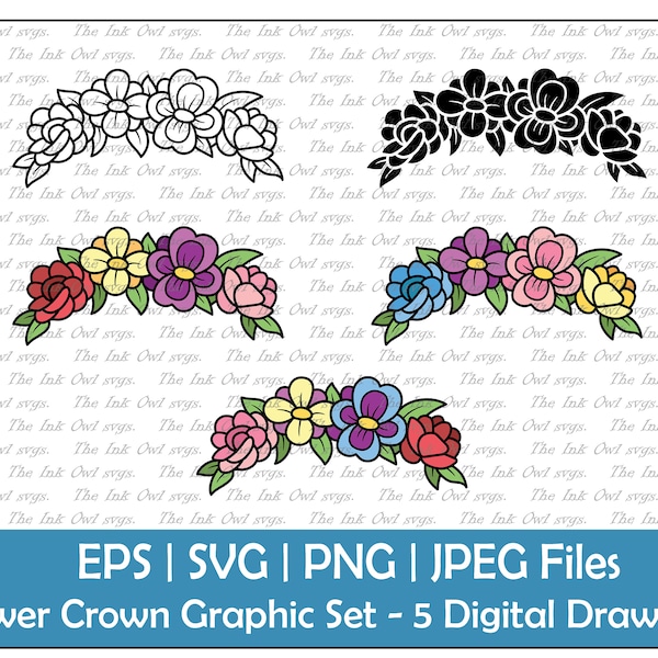 Floral Crown Vector Clipart Set / Outline, Stamp & Color Graphic / Cute Isolated Flower Wrap / Commercial Use / PNG, JPG, SVG, Eps