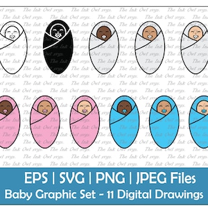 Wektorowa grafika do otulania niemowląt / Kontur, Pieczątka sylwetkowa i kolorowa ilustracja / Różowy i niebieski na Baby Shower / PNG, JPG, SVG, Eps
