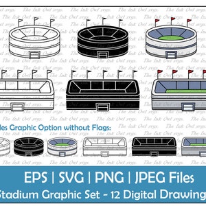 Arena or Stadium Building Clipart Set / Outline & Stamp Drawing Graphic / Sports Stands / Commercial Use / PNG, JPG, SVG, Eps