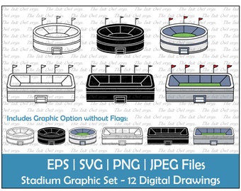 May include: A set of 12 digital drawings of a stadium in various styles. The stadium is shown with and without flags. The drawings are available in EPS, SVG, PNG, and JPEG formats. Includes Graphic Option without Flags.