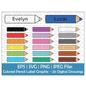 Conjunto de clipart de rótulo de nome de lápis de cor / contorno, silhueta e gráfico colorido / sublimação para professores / PNG, JPG, SVG, Eps