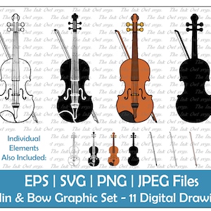 Violin and Bow Clipart Set / Musical Instrument Outline, Silhouette Stamp & Color Graphic / Sublimation Digital Sticker / PNG, JPG, SVG, Eps