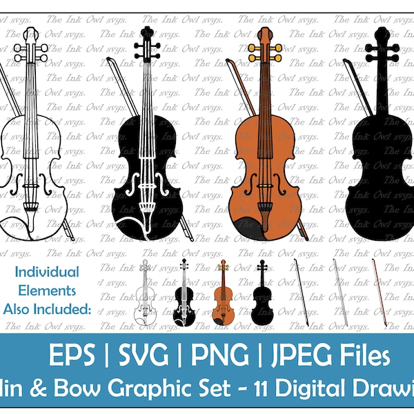 Violin and Bow Clipart Set / Musical Instrument Outline, Silhouette Stamp & Color Graphic / Sublimation Digital Sticker / PNG, JPG, SVG, Eps