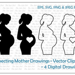 Futura madre - Clipart vectorial / Embarazada, anuncio de nacimiento, corazón / Ilustraciones de contornos y siluetas / PNG, JPG, SVG, Eps