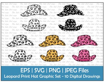 Leopard Print Cowboy Hat Clipart Set / Outline, Stamp & Color Drawing Graphic / Sublimation / Cheetah Print / Pink / PNG, JPG, SVG, Eps