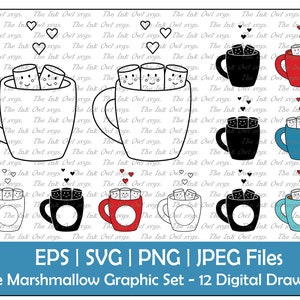 Puede incluir: Un conjunto de 12 ilustraciones digitales de tazas con malvaviscos. Las tazas son de color negro, blanco, rojo y azul. Algunos de los malvaviscos tienen caras. El texto "EPS | SVG | PNG | JPEG Files" y "Cute Marshmallow Graphic Set - 12 Digital Drawings" está en la parte inferior de la imagen.