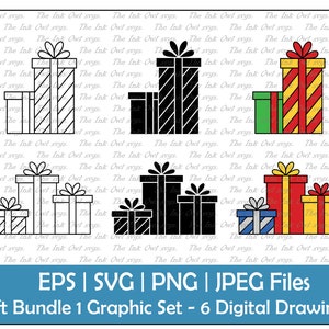 May include: Six digital drawings of gift boxes in various styles. The drawings are in black and white, black, green and yellow, red and yellow, and red and white. The drawings are on a white background with a repeating pattern of text.