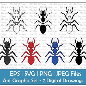 Ant Insect Vector Clipart Set / Outline & Stamp Drawing Graphic / Red, Black, Blue / Bug and Pest / Commercial Use / PNG, JPG, SVG, Eps