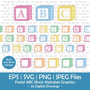 Pastel ABC Alfabet Letter Blokken Vector Clipart / Kleurrijke Tekening Illustraties / Grafisch Logo Banners / Baby Nursery / Svg, Png, Jpg, Eps