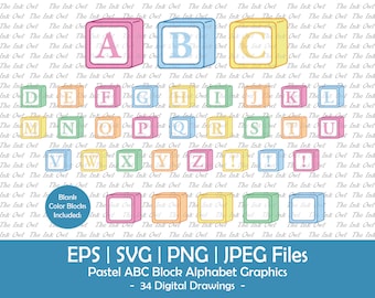 Pastel ABC Alphabet Letter Blocks Vector Clipart / Colorful Drawing Illustrations / Graphic Logo Banners / Baby Nursery / Svg, Png, Jpg, Eps