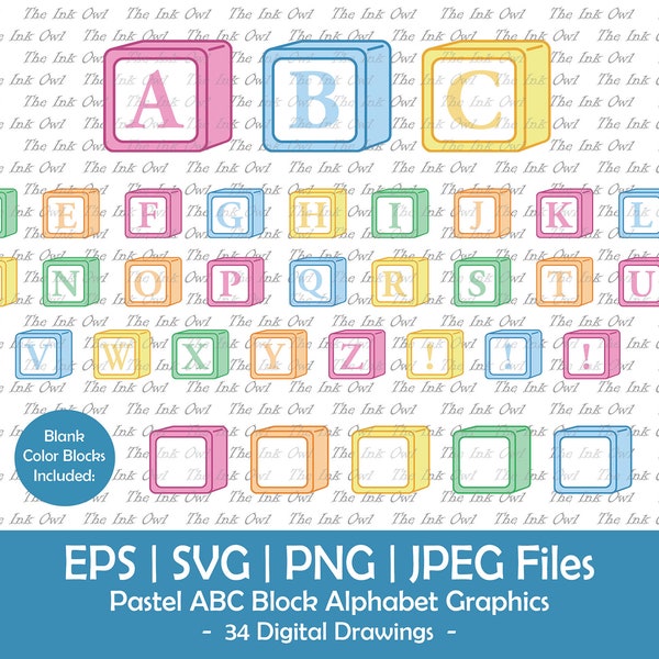 Pastel ABC Alphabet Letter Blocks Vector Clipart / Colorful Drawing Illustrations / Graphic Logo Banners / Baby Nursery / Svg, Png, Jpg, Eps