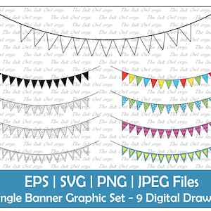 Triangle Bunting Banner Vector Clipart / Outline, Silhouette Stamp & Color Graphic Illustrations / Party Sublimation / PNG, JPG, SVG, Eps