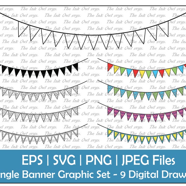 Triangle Bunting Banner Vector Clipart / Outline, Silhouette Stamp & Color Graphic Illustrations / Party Sublimation / PNG, JPG, SVG, Eps