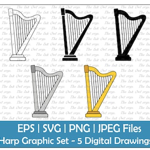 Lever Harp Vector Clipart Set / Outline & Stamp Drawing Graphic / Music Instrument / PNG, JPG, SVG, Eps