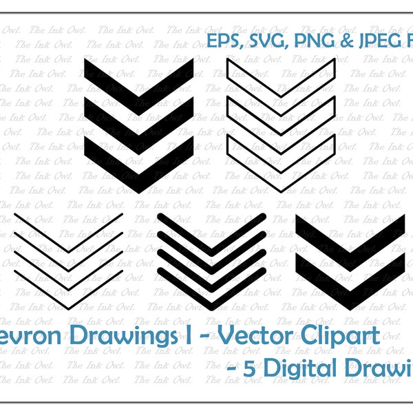 Chevron Icon Drawing Set Vector Clipart / Outline & Stamp Drawing Illustrations / Bullet List Arrows / PNG, JPG, SVG, Eps