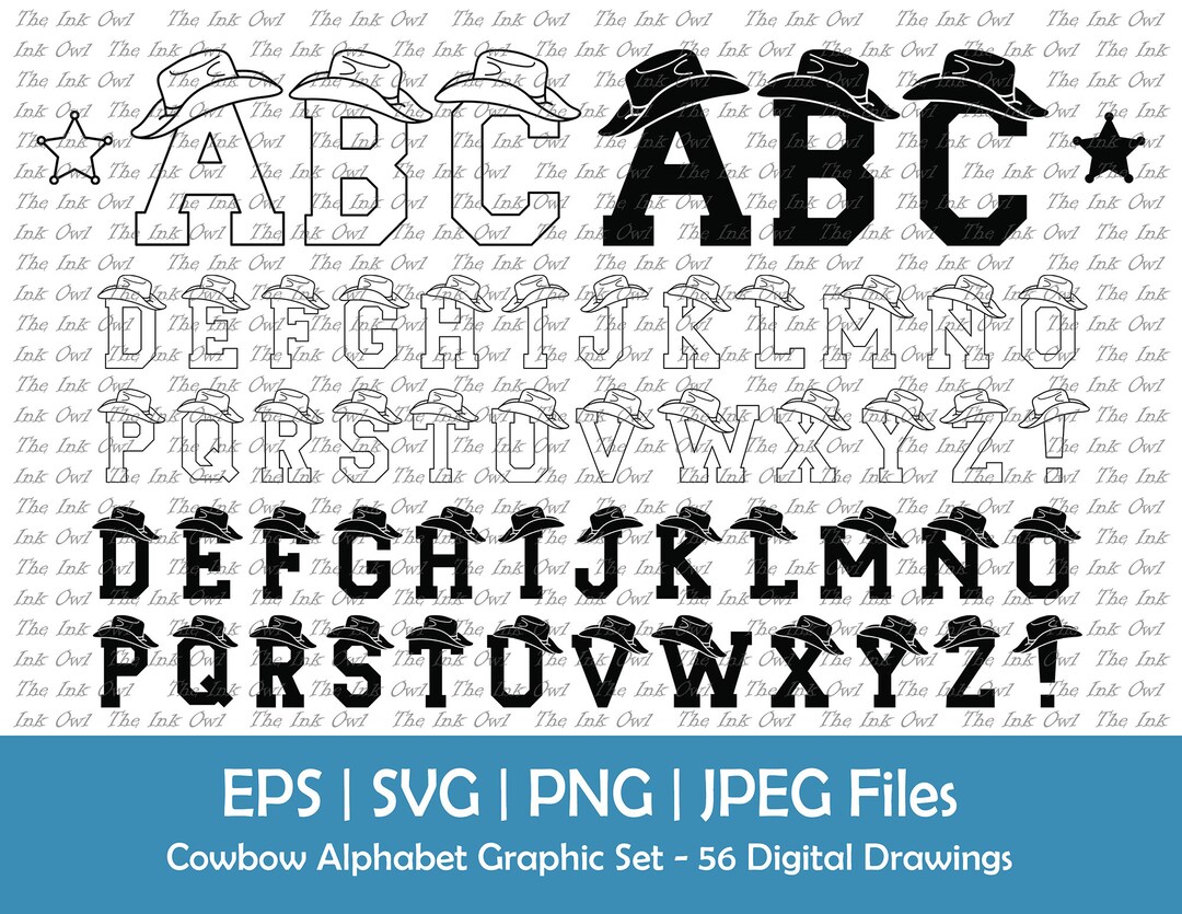 Cowboy Hat Alphabet Letters Vector Clipart / Outline & Silhouette Stamp