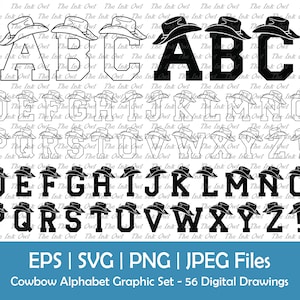 Clipart de letras do alfabeto de chapéu de cowboy / Gráficos de texto de contorno e carimbo de silhueta / Banners de fonte ABC / Western / Svg, Png, Jpg, Eps