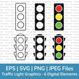 Traffic Lights Svg Vector Clipart Graphic Set / Outline & Stamp Silhouette Drawing Illustrations / Red, Yellow, Green / Png, Svg, Jpg, Eps