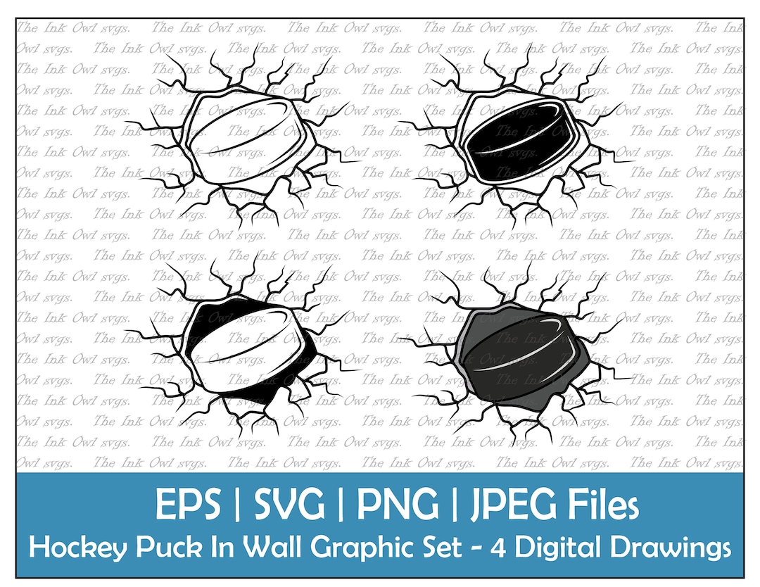 Hockey Puck Breaking Through a Cracking Wall Clipart Set / Outline