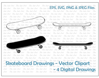 May include: Four black and white skateboard drawings in various positions. The text "Skateboard Drawings - Vector Clipart - 4 Digital Drawings" is at the bottom of the image.