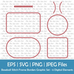 May include: Six digital graphic elements of baseball stitch frame borders. The borders are in red and are in the shapes of a rectangle, circle, oval, and a rounded rectangle. The background is white with a repeating pattern of the text "The Ink Owl".