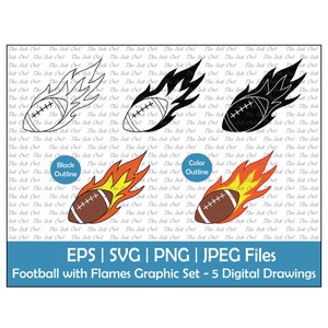 Football avec flammes ou feu Vector Clipart Set / Contour, Silhouette & Color Graphic Illustration / American / Svg, Png, Eps, Jpg