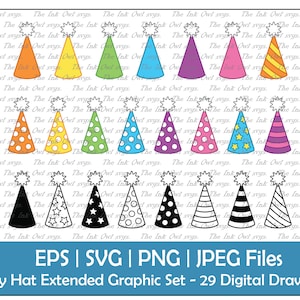Party Hat Full Color Clipart Set / Outline, Silhouet Stempel & Graphics / Gestreept, Polka Dots, Sterren / Cut File / PNG, JPG, SVG, Eps