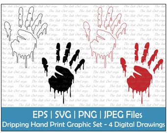 Handprint Dripping Paint Vector Clipart Set / Ilustraciones de dibujo de contorno y sello / Sangre / PNG, JPG, SVG, Eps