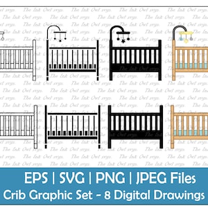 Baby Crib Vector Clipart Set / Esquema, Sello y Dibujo de Color Gráfico / Con Móvil / PNG, JPG, SVG, Eps