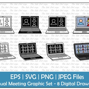 Reunión virtual en una computadora portátil Vector Clipart Set / Esquema, Sello y Gráficos en Color / Trabajo desde casa / Video Chat / PNG, JPG, SVG, Eps