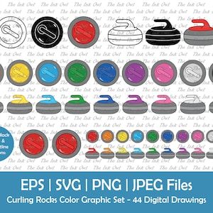 Curling Rocks of Stones Vector Clipart - Uitgebreide Set / Overzicht, Silhouet Stempel & Kleurenafbeeldingen / Wintersport / Svg, Png, Jpg, Eps