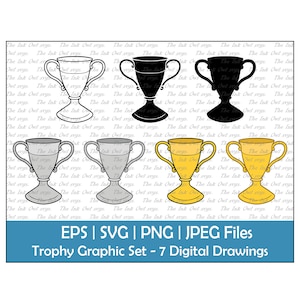 Trofeo Primo Premio Clipart Set / Contorno, Silhouette Timbro e Grafica a Colori / Oro, Premio Argento / Secondo / Sublimazione / Png, Jpg, Svg, Eps