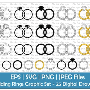 Clipart / contorno vetorial de anéis de diamante vinculados a casamento, carimbo de silhueta e ilustrações de desenho colorido / ouro e prata / PNG, JPG, SVG, Eps