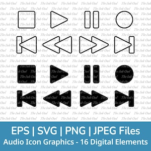 Audio Music Symbol Icon Vector Clipart / Outline & Silhouette Graphics / Play, Stop, Record, Pause, Forward, Rewind / Png, Svg, Jpg, Eps