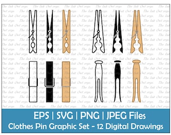 Holz Kleidung Pin Vektor Clipart Set / Umriss, Stempel und Farbzeichnung Grafiken / Wäsche / PNG, JPG, SVG, Eps