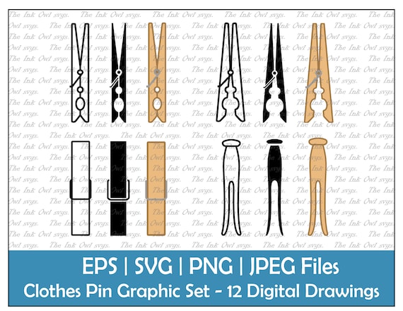 Wood Clothes Pin Vector Clipart Set / Outline, Stamp and Color