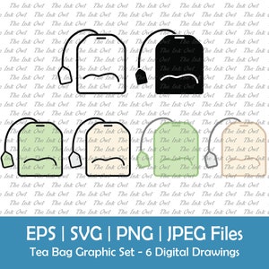 Tea Bag Vector Clipart Set / Outline, Silhouette Stamp & Color Graphic / Green Tea  Drink / Black Tea / Svg, Png, Eps, Jpg