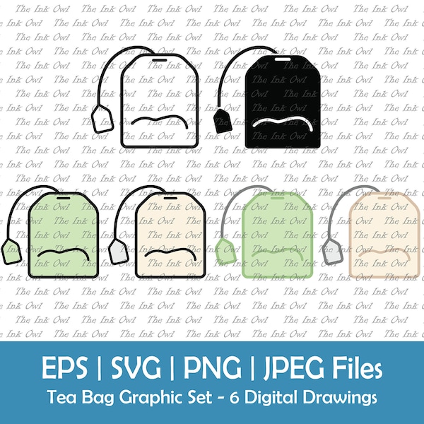 Tea Bag Vector Clipart Set / Outline, Silhouette Stamp & Color Graphic / Green Tea  Drink / Black Tea / Svg, Png, Eps, Jpg