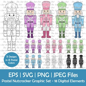 May include: A digital graphic set featuring 18 pastel-colored nutcracker designs. The image showcases various nutcracker illustrations in multiple colors, including pink, purple, green, and blue, along with black and white outlines. The text at the bottom reads "Pastel Nutcracker Graphic Set - 18 Digital Elements."