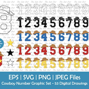 Clipart vetorial de número de chapéu de cowboy / gráficos de texto / 123 banners de logotipos / Svg, Png, Jpg, Eps / Tema de aniversário do oeste selvagem