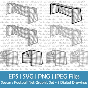 Angled Soccer or Football Net Vector Clipart Set / Outline, Silhouette & Color Graphic Illustrations / Side View / Png, Svg, Eps, Jpg