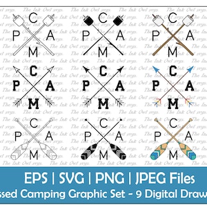 Conception de camping avec des guimauves croisées, des pagaies de canoë et des flèches / Contour, timbre silhouette et graphiques couleur / Camp / Png, Jpg, Svg, Eps