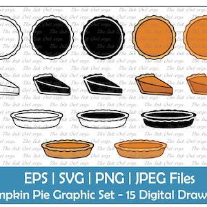 Clipart / contorno de torta de abóbora e fatias, carimbo de silhueta e ilustração gráfica colorida / sobremesa / sublimação / PNG, JPG, SVG, Eps