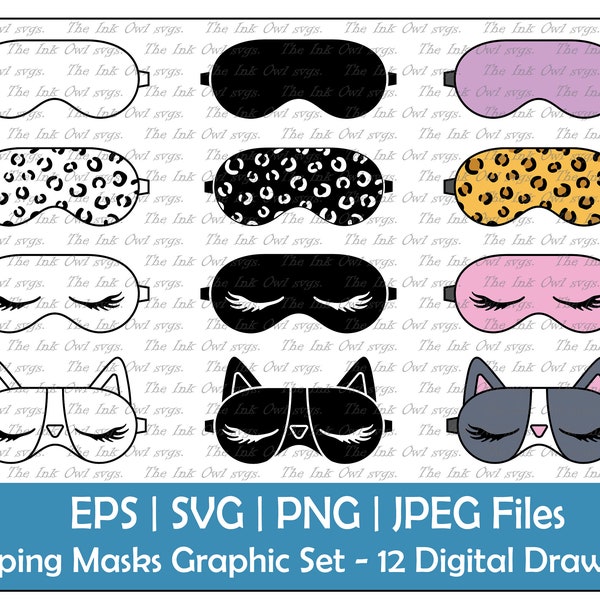 Sleeping Face Mask Clipart Set / Outline & Stamp Drawing Graphic / Plain Template, Leopard Print, Eyelashes, Cat / PNG, JPG, SVG, Eps