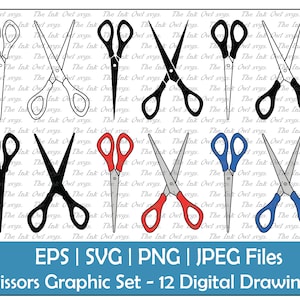 Schere Zeichnung Clipart Set / Umriss, Silhouette Stempel & Farbe Illustration Grafik / Offen und geschlossen / PNG, JPG, SVG, Eps