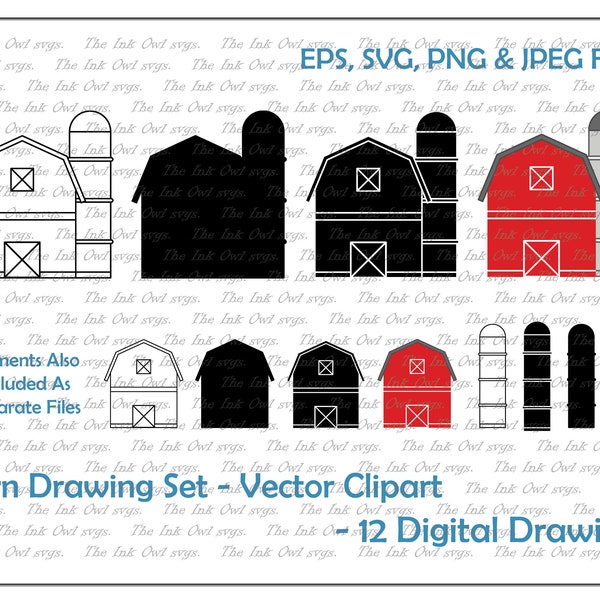 Barn and Grain Silo Drawing Vector Clipart / Outline & Stamp Illustrations / PNG, JPG, SVG, Eps