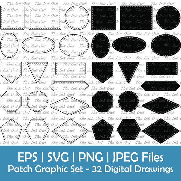 Leather Patch Template Vector Clipart Set / Outline and Silhouette Graphics / Decorative Border Frame / Circle, Square / Png, Svg, Eps, Jpg