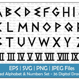 Geschnitztes Stein Alphabet & Zahlen Vektor Clipart / griechische und römische Ziffern Text Grafik / ABC 123 Logos Banner / PNG, JPG, svg, Eps