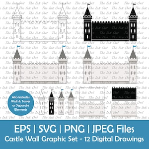Conjunto de clipart vetorial de paredes e torre de castelo / contorno, carimbo de silhueta e gráfico colorido / sublimação / fantasia medieval / Svg, Png, Jpg, Eps
