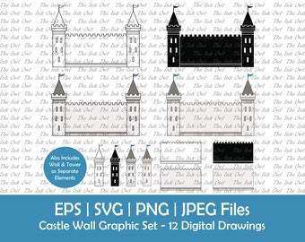 Puede incluir: Un conjunto de 12 dibujos digitales de muros de castillo en blanco y negro. El conjunto incluye una variedad de diseños de muros de castillo, incluyendo torres, puertas y muros con almenas. Los dibujos están en formatos EPS, SVG, PNG y JPEG.